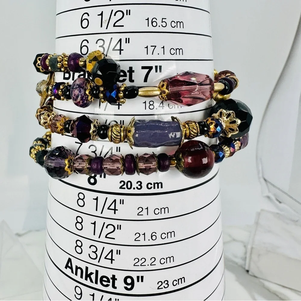 Glass & Stone Wrap Bracelet Faceted Aurora Borealis Beads Purple Black Gold Glam
